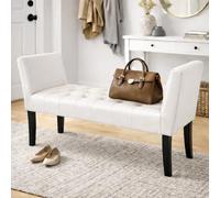 BAKAJI Panca Poggiapiedi Fondoletto per Camera da Letto, Pouf Sgabello con Piedi in Legno e Braccioli per Ingresso, Stanzetta, Multiuso, Seduta Ergonomica, 11 x 60 x 40 cm (Bianco Ecopelle)