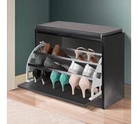 BAKAJI Panca Scarpiera Portascarpe Salvaspazio in Legno Con Anta a Ribalta Tripla Profondità e Seduta in Eco Pelle, Cassapanca Dimensioni 60 x 30 x 48 cm (Nero)