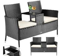 BAKAJI Panchina da Giardino in Polyrattan con Tavolo Integrato e Cuscini, Panchina 2 Posti da Esterno Resistente Ai Raggi UV e alle Intemperie, Panca Divano Ripiano Vetro 123 x 54 x 82.5 cm (Nero)