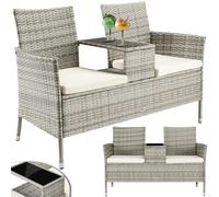 BAKAJI Panchina da Giardino in Polyrattan con Tavolo Integrato e Cuscini, Panchina 2 Posti da Esterno Resistente Ai Raggi UV e alle Intemperie, Panca Divano Ripiano Vetro 123 x 54 x 82.5 cm (Grigio)