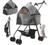 BAKAJI Passeggino per Cani e Gatti 2 in 1 Pieghevole e Salvaspazio con Cestello Rimovibile, Carrozzina per Animali Domestici con Capsula Trasportino Removibile e Ruote, Tettuccio Apribile (Grigio)