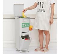 BAKAJI Pattumiera Alta e stretta da Cucina 32 Litri con Cestino Rimovibile per Spazzatura e Raccolta Differenziata, Design Salvaspazio, 1 Bidone a Ribalta + 1 Cassetto, 26 x 36 x 84H cm (32 Litri)
