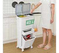 BAKAJI Pattumiera da Cucina Salvaspazio Capacità 42 Litri, Doppio Bidone per Separazione Immondizia, Spazzatura, Raccolta Differenziata, 1 Cassetto a Ribalta e 1 a Scorrimento, 42 x 27.5 x 81.5 cm
