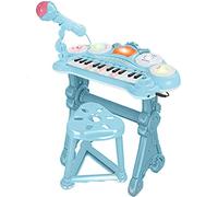 BAKAJI Pianola Tastiera Giocattolo Bambini 24 Tasti Luminosi con Attacco AUX MP3 per Smartphone Luci 4 ritmi 8 Effetti Suono Tamburi Manuali Microfono Supporto e Sgabello (Azzurro)