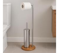 BAKAJI Piantana Portascopino e Portarotolo da Bagno in Acciaio Inossidabile e Base in Bambù, Porta Rotolo e Scopino Design Moderno, Resistente e Stabile, Altezza 69.5 cm