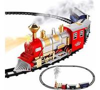 BAKAJI Pista Trenino Giocattolo Bambini Treno Locomotiva con Canna Fumaria Funzionante con Fumo Luce Suoni Realistici e 2 Vagoni Merci Decorazione di Natale per Base Albero (Rosso sotto Albero)