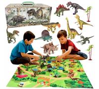 BAKAJI Playset Dinosauri per Bambini Giocattolo 15 Pezzi con Custodia e Tappetino, Giochi di Fantasia per Bambino, Animali Giocattoli Dino, T-Rex, Triceratopo, Gigantosauro, Velociraptor, Idea Regalo