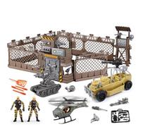 BAKAJI Playset Militare Giocattolo per Bambini con Luci e Suoni, Veicolo Corazzato, Elicottero, Auto e Soldatini, Campo Battaglia Giocattoli, Giochi di Simulazioni Realistici per Bambini, Idea Regalo