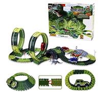 BAKAJI Playset Pista Macchinine Flessibile Parco Giochi dei Dinosauri, Giocattolo per Bambini con Macchina a Luci Led, Gioco con Dinosauro T-Rex, Triceratopo e Altri Animali Inclusi, Pista 173 Pezzi