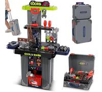 BAKAJI Playset Trolley Banco Attrezzi per Bambini con Accessori Realistici, Multifunzione, Valigetta Trasformabile 2 in 1, Postazione da Lavoro Tutto Fare Fai da Te con Utensili, Idea Regalo
