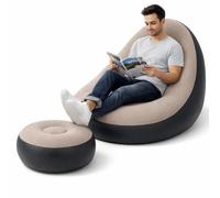 BAKAJI Poltrona con Pouf Gonfiabile per Interni ed Esterni con Doppia Texture, Divanetto Gonfiabile in PVC ed Effetto Velluto, Ottomano per Adulti e Bambini da Campeggio, Casa, Giardino, Mare (Grigio)
