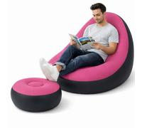 BAKAJI Poltrona con Pouf Gonfiabile per Interni ed Esterni con Doppia Texture, Divanetto Gonfiabile in PVC ed Effetto Velluto, Ottomano per Adulti e Bambini da Campeggio, Casa, Giardino, Mare (Rosa)