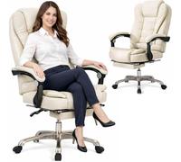 BAKAJI Poltrona Presidenziale con Testina Massaggiante e Poggiapiedi Estraibile, Sedia da Scrivania con Rivestimento in Ecopelle e Braccioli Ergonomici, Ideale per Ufficio, Cameretta (Beige)