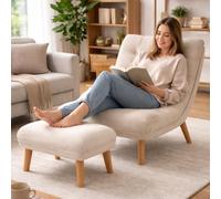 BAKAJI Poltrona Reclinabile con Poggiapiedi e Imbottitura Extra Soffice, Poltroncina e Pouf Sgabello Altissima Densità, Seduta Ergonomica e Schienale Inclinabile, Soggiorno, Camera da Letto (Beige)