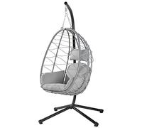 BAKAJI Poltrona Sospesa da Giardino Sedia Dondolo Amaca Pensile da Esterno Struttura Metallo Nido in Rattan e Corda + Cuscino Seduta Imbottito e Poggiatesta Design Moderno 198 x 110 x 95 cm (Grigio)
