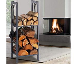 BAKAJI Portalegna Verticale Supporto Scaffale in Metallo Porta Legna 2 Ripiani da Interno Esterno Legnaia Casa Giardino per Camino Caminetto Stufa Design Moderno (100 x 40 x 30 cm)