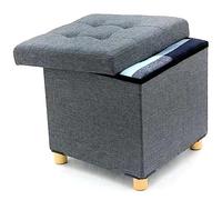 BAKAJI Pouf Contenitore con Rivestimento in Lino, Seduta Imbottita e Comoda, Struttura e Piedini in Legno, Baule Multiuso, 38 x 38 x 38 cm, Ideale per Camera da Letto, Ingresso, Cameretta (Grigio)