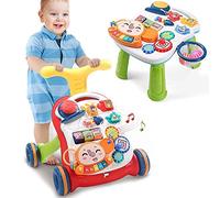 BAKAJI Primi Passi 2 in 1 Trasformabile in Tavolo Centro Attività, Giocattolo per Bambini Prima Infanzia, Funzione Trainante di Supporto Bambino con Ruote Antiscivolo, Gioco Educativo con Luci e Suoni