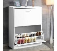 BAKAJI Scarpiera Salvaspazio Slim Portascarpe in Legno Melaminico con 2 Ante Bianco e Ripiani doppia profondità, Porta Scarpe Dimensioni Compatte a Doppia Profondità, Ideale per Ingresso (2 Ripiani)