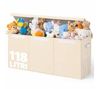 BAKAJI Scatole Portagiochi per Bambini, Scatola Portaoggetti con Coperchio e 3 Scomparti, Porta Giochi da Cameretta Pieghevole in TNT, Scatole Organizer Box Capacità 118 Litri, 91.5x32x40.5cm (Beige)