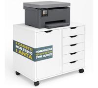 BAKAJI Schedario da Ufficio Porta Stampante con Ruote, Mobiletto Salvaspazio Multiuso con 1 Anta e 5 Cassetti, Mobile Organizer Cassettiera in Legno Versatile per Casa, Studio, Bagno, 78 x 40 x 65.5cm