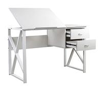 BAKAJI Scrivania con Cassettiera 2 Cassetti e Piano Reclinabile Tavolo da Lavoro Porta Pc Computer Struttura in Metallo e Piano in Legno MDF Arredamento Casa Ufficio 110 x 75 x 55 cm (Bianco)