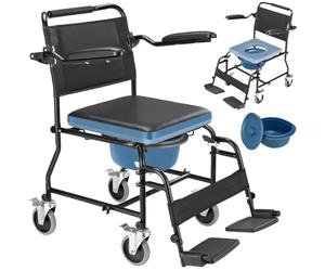 BAKAJI Sedia da Toilette Comoda con Secchio Rimovibile e Coperchio, Ausilio WC con Braccioli Basculanti, Rialzo Water Resistente, Sedia a Rotelle per Anziani, Persone con Mobilità Ridotta, Max. 110kg