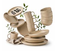 BAKAJI Servizio Piatti in Terracotta da 16 Pezzi per 4 Persone, Design Moderno in Gres Smaltato, Tazze, Piatti Fondi, Piani, Dessert, Resistenti ai Graffi, Lavabili in Lavastoviglie (Sabbia)