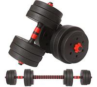 BAKAJI Set 2 in 1 Manubri Regolabili con Barra Bilanciere e 12 Dischi Totale Peso 25kg (4x2.5kg + 4x2kg + 4x1.5kg), Rivestimento Nero e Rosso in Gomma Piuma Antiruggine Antiscivolo, Fitness