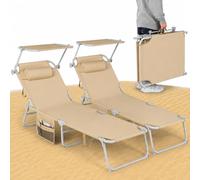 BAKAJI Set 2 Lettini Pieghevoli da Spiaggia per Esterno, Sdraio da Mare con Parasole Reclinabile e Cuscino Ergonomico, Struttura Salvaspazio e Tasca Portaoggetti, Rivestimento Traspirante (Ecru)