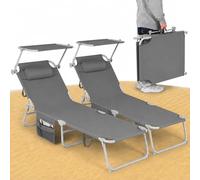 BAKAJI Set 2 Lettini Pieghevoli da Spiaggia per Esterno, Sdraio da Mare con Parasole Reclinabile e Cuscino Ergonomico, Struttura Salvaspazio e Tasca Portaoggetti, Rivestimento Traspirante (Grigio)