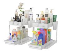 BAKAJI Set 2 Organizer Sottolavello per Bagno e Cucina con Cassetto Scorrevole, Scaffale Cestello Scorrimento Salvaspazio 2 Ripiani, Scaffalatura Sotto Lavello Portaoggetti Ripiano Estraibile (Bianco)