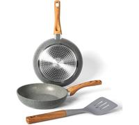 BAKAJI Set 2 Padelle Antiaderente con Spatola, Impugnature in Legno Soft Touch Resistente al Calore, Pentole Adatte per Fornelli a Gas, Vetroceramica, Elettrico, Alogeno e Induzione, 20 cm e 24 cm