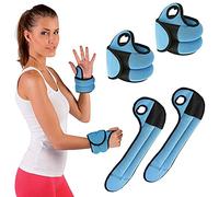 BAKAJI Set 2 Pesi per Polsi da 0,5 Kg Allenamento Palestra Aerobica Fitness Potenziamento Muscolare in Tessuto Neoprene con Foro per Pollice Chiusura Strappo Regolabile Peso Totale 1 Kg Azzurro