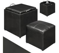 BAKAJI Set 2 Pouf Contenitori in Ecopelle Colore Nero con Coperchio 2 in 1 Trasformabile Vassoio da Portata, Sgabello con Scomparto Multiuso Comoda Imbottitura, Poggiapiedi con Struttura in Legno