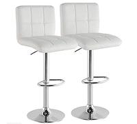 BAKAJI Set 2 Sgabelli Alto da Bar Cucina Seduta e Schienale in Ecopelle Eco Pelle Sgabello Base in Metallo Cromato con Poggiapiedi Altezza Regolabile Design Moderno (Bianco)