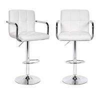 Set 2 Sgabelli da Bar Cucina Seduta e Schienale in Ecopelle Similpelle Base in Metallo Cromato con Poggiapiedi e Braccioli Sgabello Design Moderno Girevole Altezza Regolabile (Bianco)