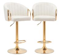 BAKAJI Set 2 Sgabelli da Cucina con Altezza Regolabile e Rivestimento in Tessuto, Sedie da Bar, Ristoranti, con Struttura Oro e Poggiapiedi, Sgabello Girevole Schienale Comfort Imbottito (Crema)