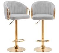 BAKAJI Set 2 Sgabelli da Cucina con Altezza Regolabile e Rivestimento in Tessuto, Sedie da Bar, Ristoranti, con Struttura Oro e Poggiapiedi, Sgabello Girevole Schienale Comfort Imbottito (Grigio)