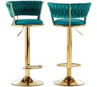 BAKAJI Set 2 Sgabelli da Cucina con Rivestimento in Velluto e Schienale Intrecciato e Altezza Regolabile, Sedie da Bar, Ristorante, Struttura Girevole in Oro con Poggiapiedi, Design Moderno (Verde)
