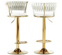 BAKAJI Set 2 Sgabelli da Cucina con Rivestimento in Velluto e Schienale Intrecciato e Altezza Regolabile, Sedie da Bar, Ristorante, Struttura Girevole in Oro con Poggiapiedi, Design Moderno (Beige)