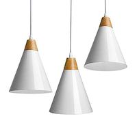 BAKAJI Set 3 Lampadari Lampade a Sospensione da Soffitto in Metallo e Legno Design Moderno Industriale Portalampada Bianco E27 Lampadina Max 25W Illuminazione Arredamento Casa con kit Montaggio