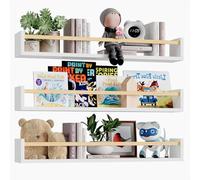 BAKAJI Set 3 Mensole da Parete in Legno, Scaffali a Muro Multiuso e Barra di Protezione Oggetti, Scaffalatura per Camera da Letto, Soggiorno, Cucina, Libreria Salvaspazio 3x60 cm (Bianco e Quercia)