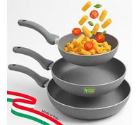 BAKAJI Set 3 Padelle In Pietra Diametro 20 24 28 cm Rivestimento Effetto Pietra Padella Antiaderente Con Manico Ergonomico Soft Touch Stone Effect Corpo in Alluminio 6 strati
