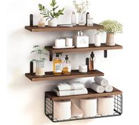 BAKAJI Set 4+1 Mensole da Parete in Legno Massiccio, Scaffali a Muro Multiuso, Staffe e Cestino in Metallo, Scaffalatura per Camera da Letto, Soggiorno, Cucina, Bagno, Libreria, Salvaspazio (Rovere)