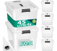 BAKAJI Set 4 Contenitori con Coperchio per Vesiti in Plastica con Ruote, Portaoggetti Impilabile per Stoccaggio Vestiti, Scatole per armadio, Giocattoli, Libri, Salvaspazio (4 x 45 Lt Alto)