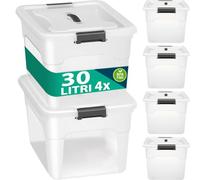 BAKAJI Set 4 Contenitori con Coperchio per Vesiti in Plastica, Portaoggetti Impilabile per Stoccaggio Vestiti, Scatole per armadio, Giocattoli, Libri, Salvaspazio (4 x 30 Lt Alto)