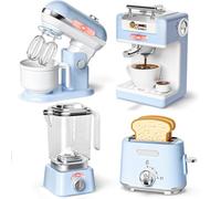 BAKAJI Set 4 Elettrodomestici da Cucina Giocattolo per Bambini, Planetaria, Macchina del Caffè, Tostapane e Frullatore, Luci e Suoni Realistici, Mixer, Impastatrice, Coffee Maker, Idea Regalo (Blu)