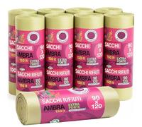 BAKAJI Set 50 Sacchetti per Spazzatura Grandi, Sacchi Immondizia in Plastica Riciclata Resistente, Busta Capacità per Sacchetto 150 Litri, Buste Resistenti alle Intemperie (Ambra 90 x 120 cm)