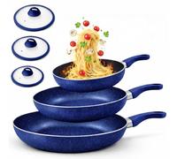 BAKAJI Set 6 Pezzi Padelle in Alluminio con Coperchio in Vetro, Adatto ad Ogni Tipo di Piano Cottura, Pentola Antigraffio, Padella con Manico Ergonomico per Cucinare in Maniera Sana